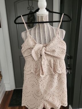 Eyelet Bow Front Romper in Light Tan